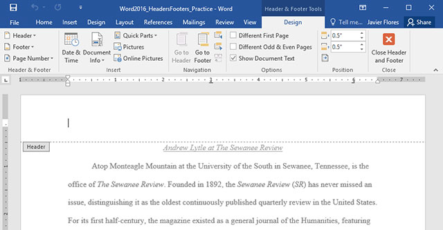 make header in word 2016 for mac different on each page